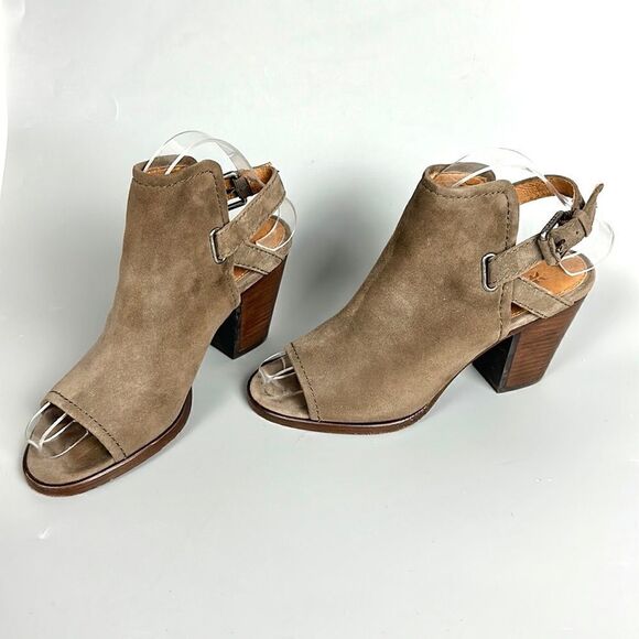 Frye Dani Shield Sling Peep Toe Ankle Booties Sandals Tan Suede Size 7 - Picture 3 of 15